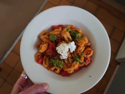Cavatelli with Cherry Tomato sauce. Topped with Pesto & Ricotta